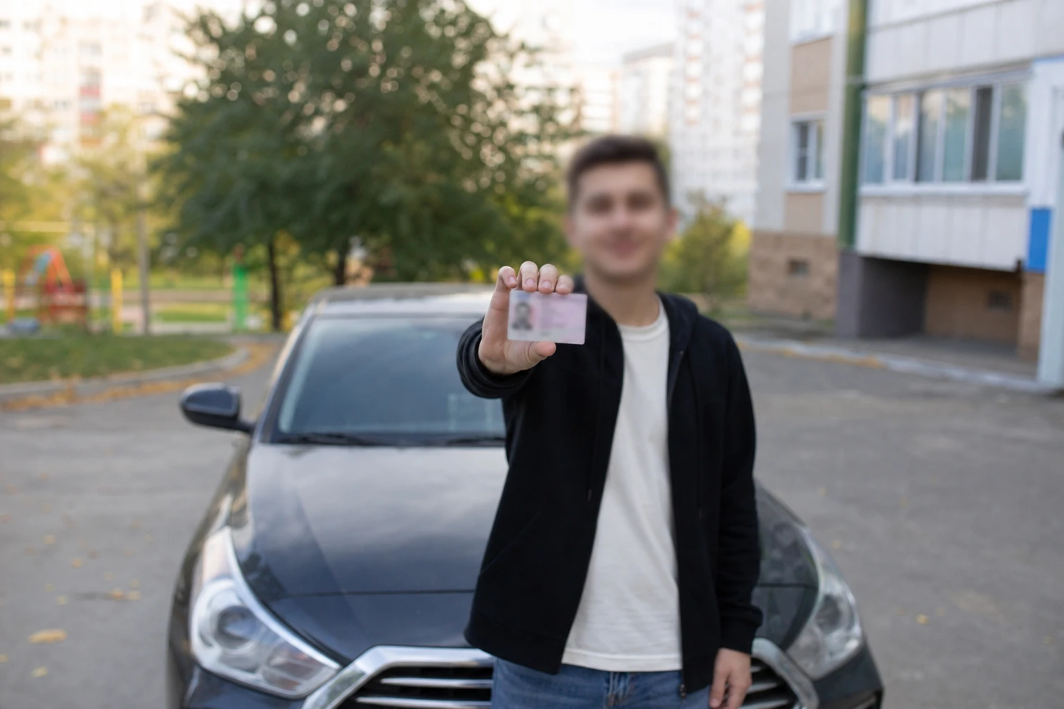 Выпускник автошколы с водительским удостоверением у автомобиля